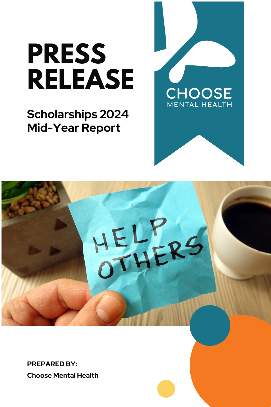 Press release cover with hand holding a note that says HELP OTHERS
