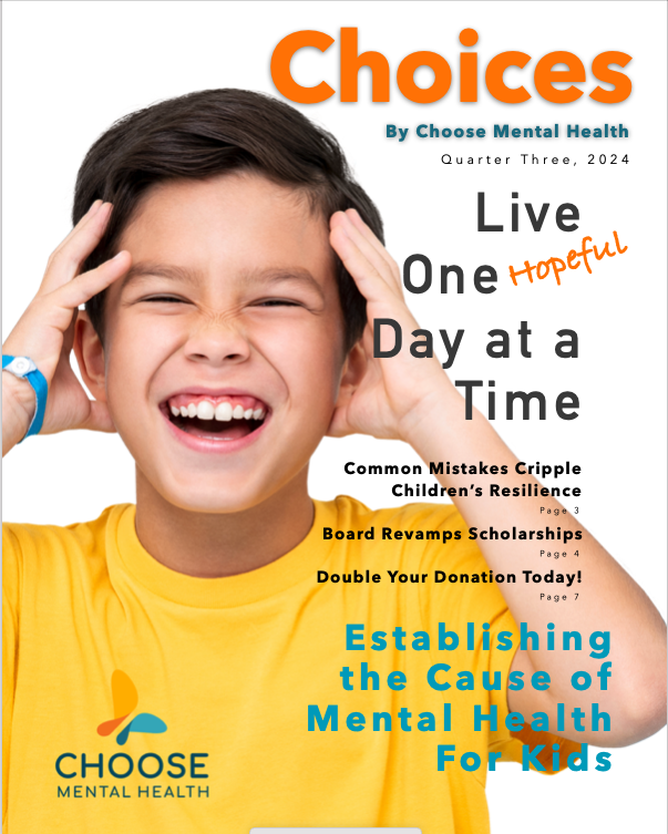 Boy on cover of newsletter with surprised face. About children's mental health.